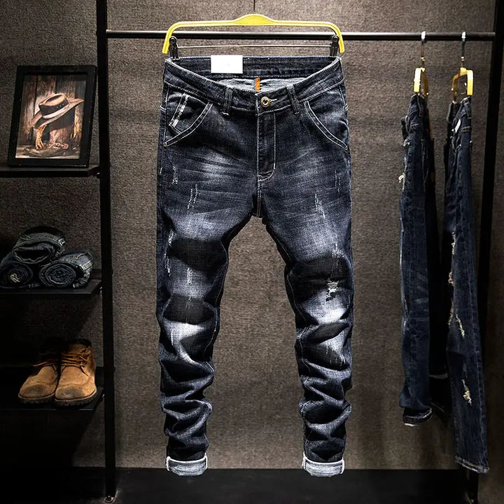 American Elastic Straight Jeans Men Ripped Worn-out Slim-fit Cotton Denim Pants Korean Style Fashion Blue Black Men's Clothing