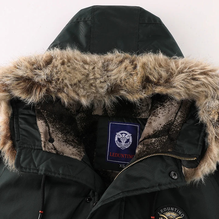 Winter Men's Black Padded Jacket Removable Hood Durable Windproof Fabric Embroidery Decorative Side Pockets Sleeve Zipper