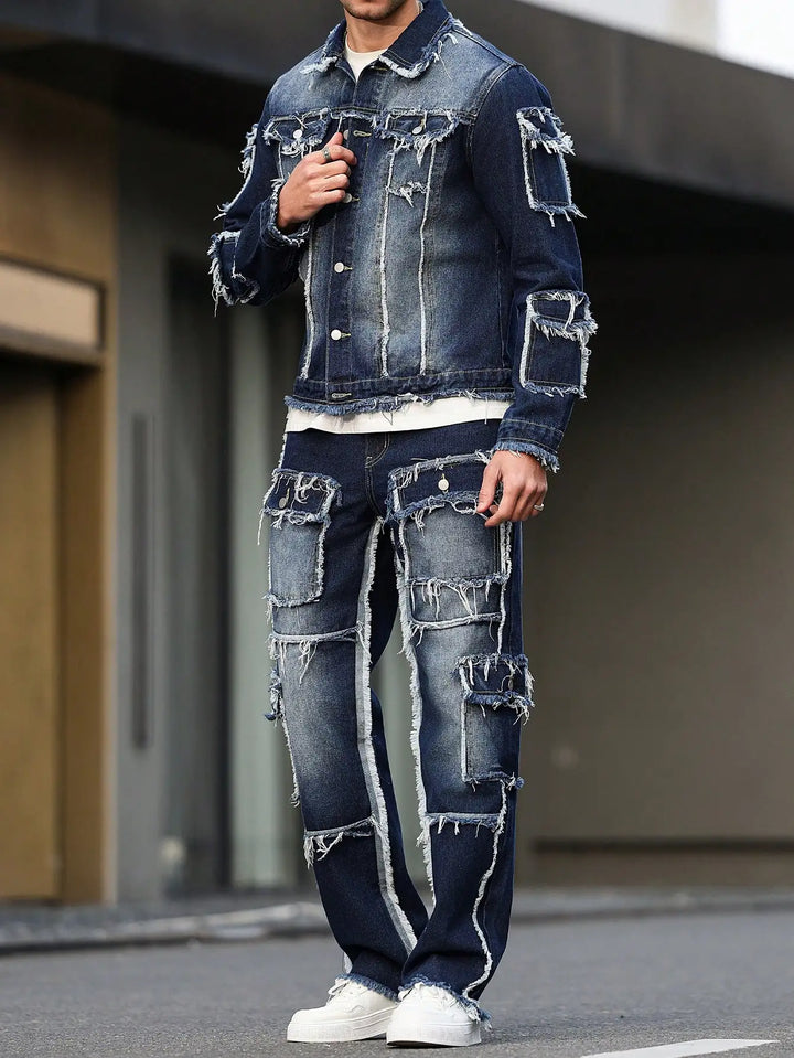 Men's spring and autumn denim suit, multi - pocket design, wide straight - leg pants style