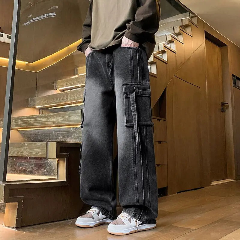 2025 Autumn New Men's Loose Jeans Multi-pocket Work-wearing Jeans Street Hip-hop Straight Wide-leg Pants Baggy Dance Pants