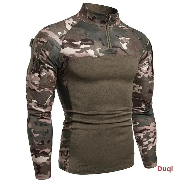 Hot Sale Of The Season Men's Camouflage Fitness Long Sleeve T-shirt Outdoor Military Travel Elastic Pocket Zipper Men's Clothing