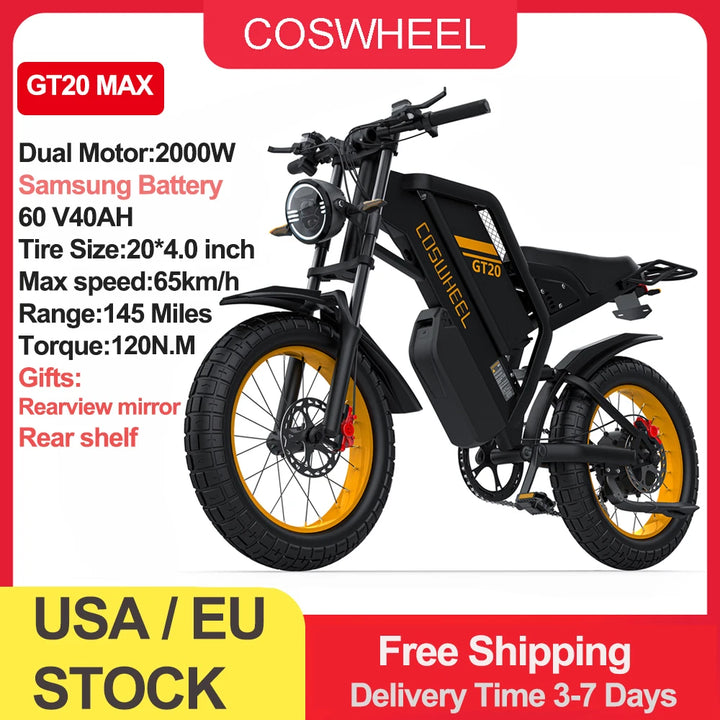 COSWHEEL GT20 PRO Electric Bike – 3000W Dual Motor, 48V 40Ah Ultra-Long Range Battery, 20" Fat Tire Off-Road Mountain E-Bike | 65km/h High-Speed All-Terrain Electric Bicycle
