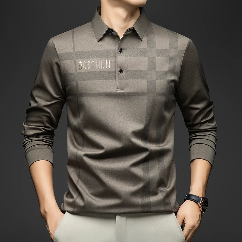BROWON 2025 Spring Autumn Casual Golf Shirt Polo Man Plaid Pattern Soft Comfortable Long Sleeve Business Office Polo Shirt Men