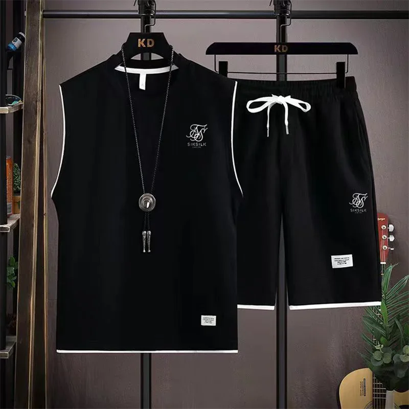 2026 New Waffle Fabric Sleeveless Vest Set Mens Summer Casual Sports Set Breathable Loose Male Vest and Shorts 2PC Sports Suit