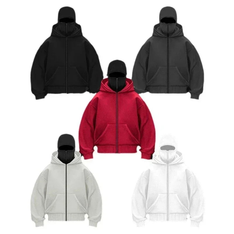 Men and women Balaclava Y2K Gothic Harajuku winter Warm new item double hooded sweatshirt men's hooded mask zipper sports Jacket