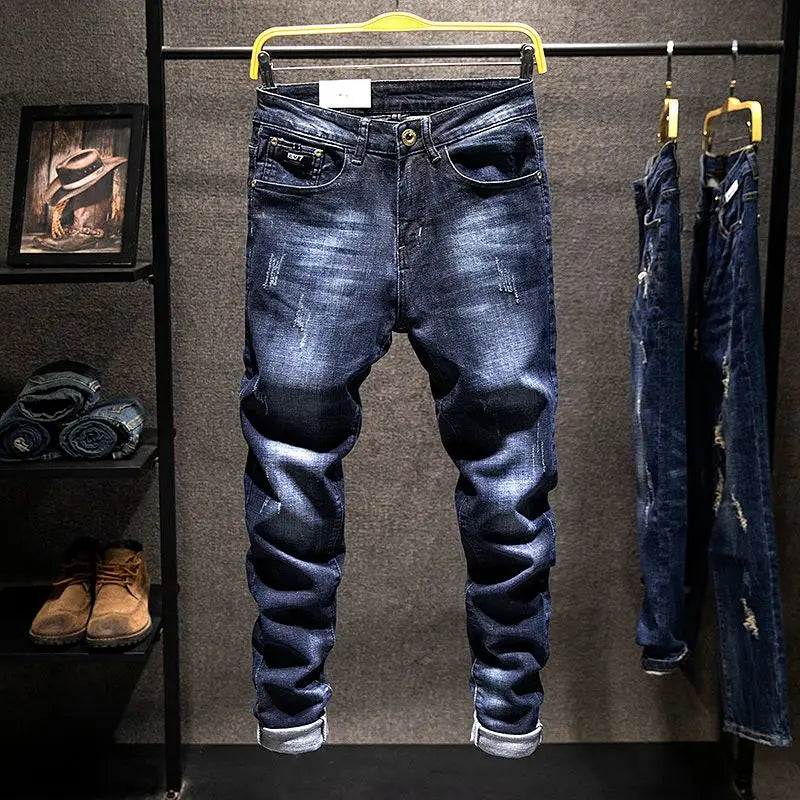 American Elastic Straight Jeans Men Ripped Worn-out Slim-fit Cotton Denim Pants Korean Style Fashion Blue Black Men's Clothing