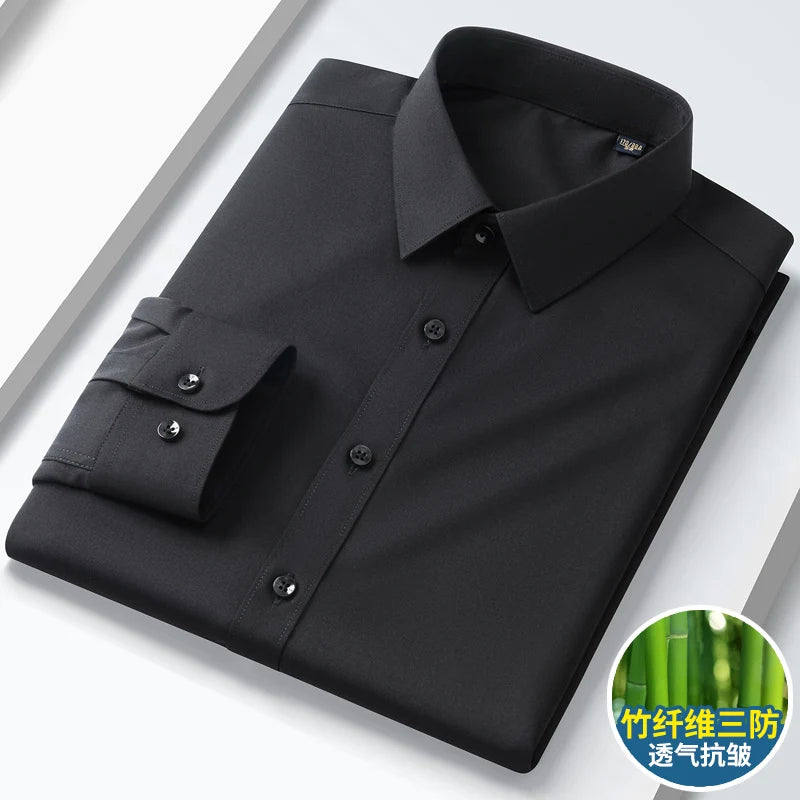 Summer men's long-sleeved non-ironing elastic business casual waterproof, anti-fouling, oil-proof, three-proof white shirt S~8XL