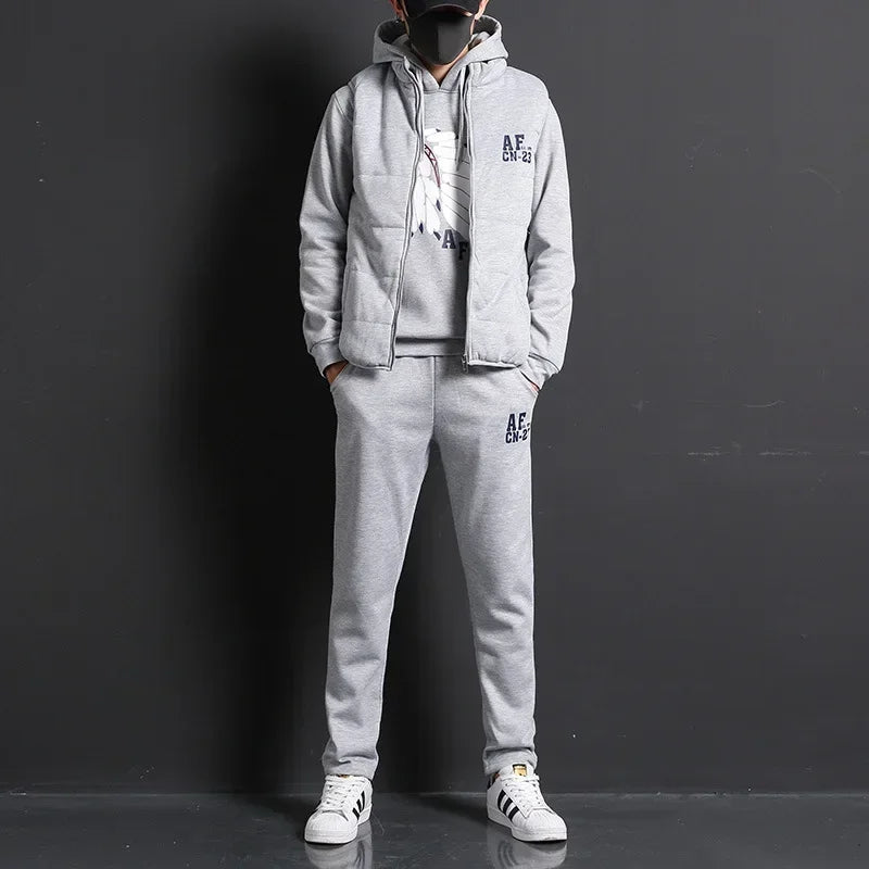 3 Pieces Set Hoodies+Vest+Pants Casual Men's Track Suit Clothing Coats Winter Thick Warm Tracksuit for Men Printed Mens Set Vest