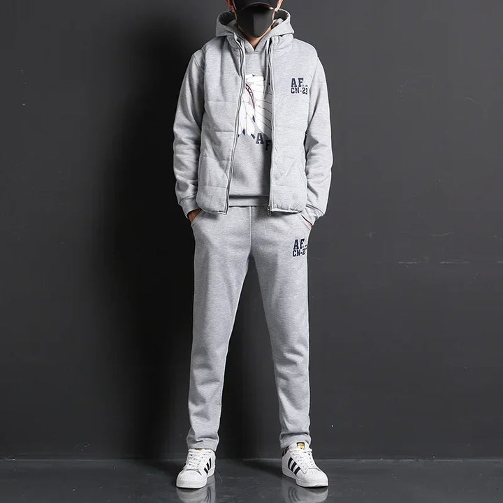 3 Pieces Set Hoodies+Vest+Pants Casual Men's Track Suit Clothing Coats Winter Thick Warm Tracksuit for Men Printed Mens Set Vest