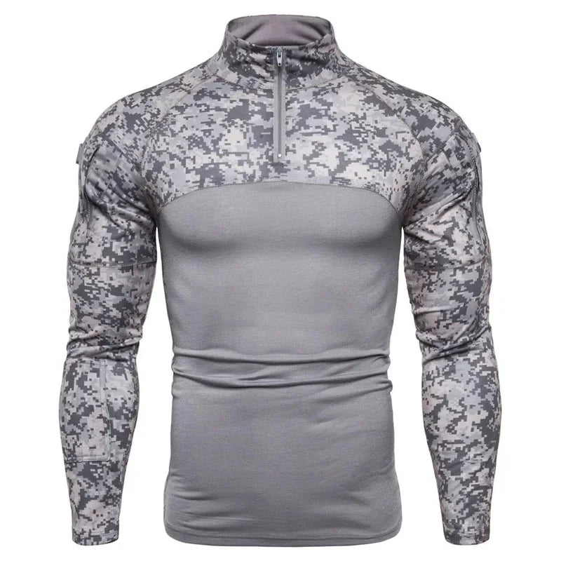 Hot Sale Of The Season Men's Camouflage Fitness Long Sleeve T-shirt Outdoor Military Travel Elastic Pocket Zipper Men's Clothing
