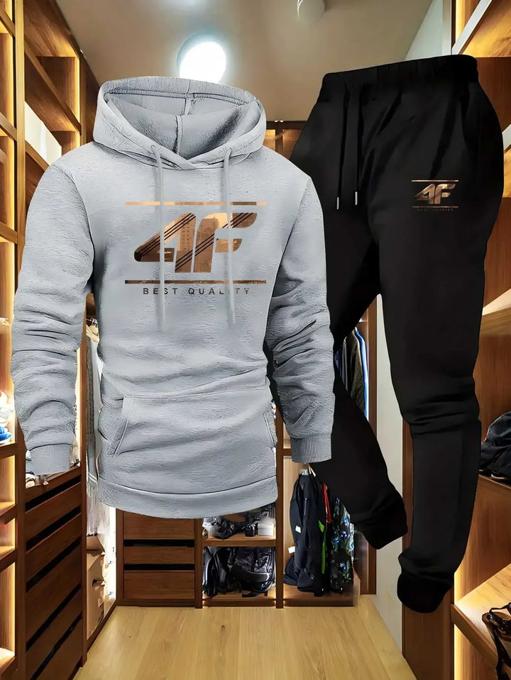 Men's Hoodie & Jogger Set with '4F' Print - Casual Sportswear, Beige & Black Matching Tracksuit for Gym, Lounge, Outdoor