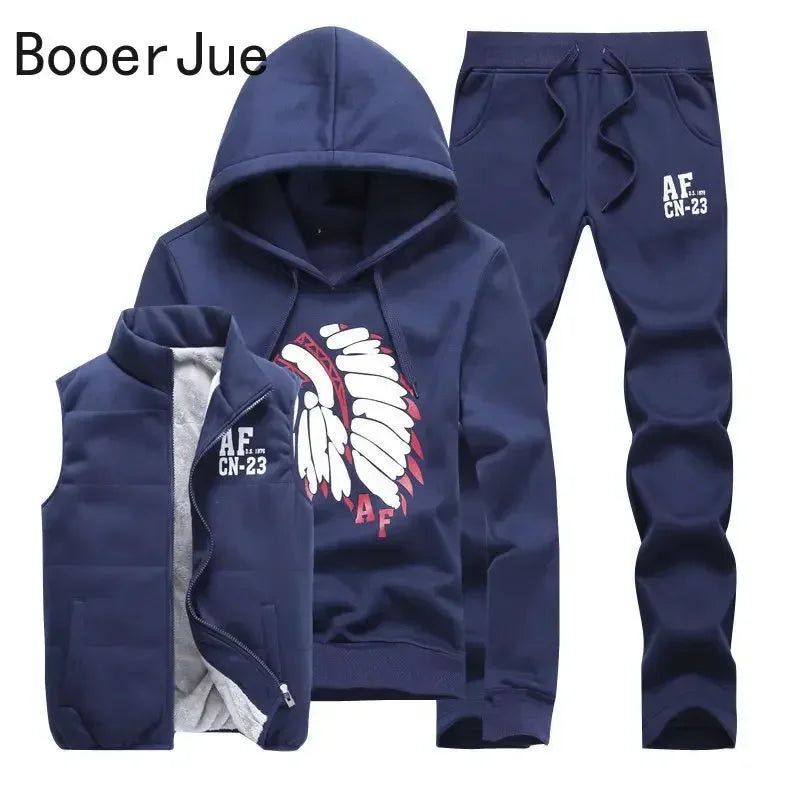 3 Pieces Set Hoodies+Vest+Pants Casual Men's Track Suit Clothing Coats Winter Thick Warm Tracksuit for Men Printed Mens Set Vest