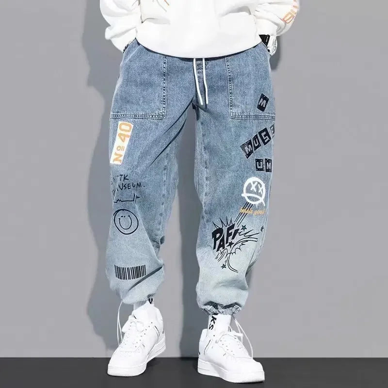 Yoaautumn New Men's Jeans Loose Fit Letter Print Trendy Brand Cartoon Doodle Designer Casual Hip Hop Style Male Denim Pants
