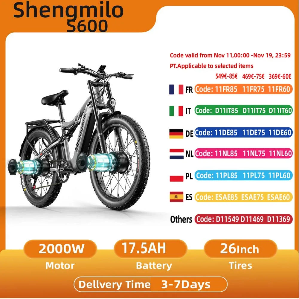 Shengmilo S600 2000W Dual Motor Electric Bike – 48V 17.5Ah Battery, 26" Fat Tire, All-Terrain Mountain E-Bike for Adults