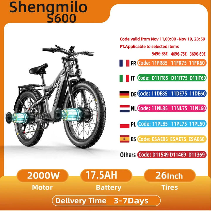 Shengmilo S600 2000W Dual Motor Electric Bike – 48V 17.5Ah Battery, 26" Fat Tire, All-Terrain Mountain E-Bike for Adults