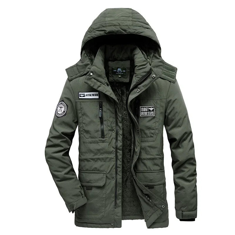 Winter Military Workwear Cotton Jacket Men Loose Large Size Fleece Lined Casual Thick Outdoor Mid-Length Cotton Coat
