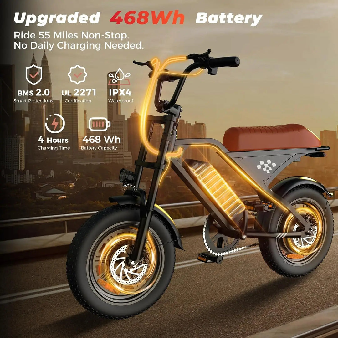 Rideplux EB5 Mini – 1500W Peak Off-Road Electric Bike | 16" Fat Tires | 36V Long-Range Battery | 55+ Mile Range | Full Suspension | 20MPH Adult E-Bike