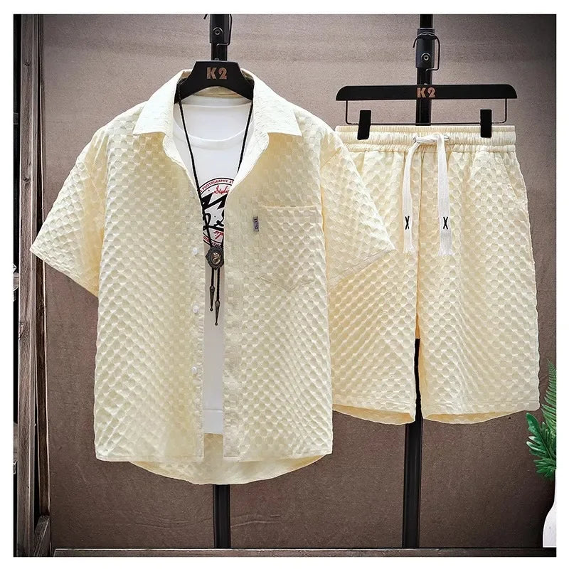 Casual Thin Sports Two-piece Set 2024 Summer Ice Silk Suit Men's Trendy Short Sleeve T-shirt Shorts One Set