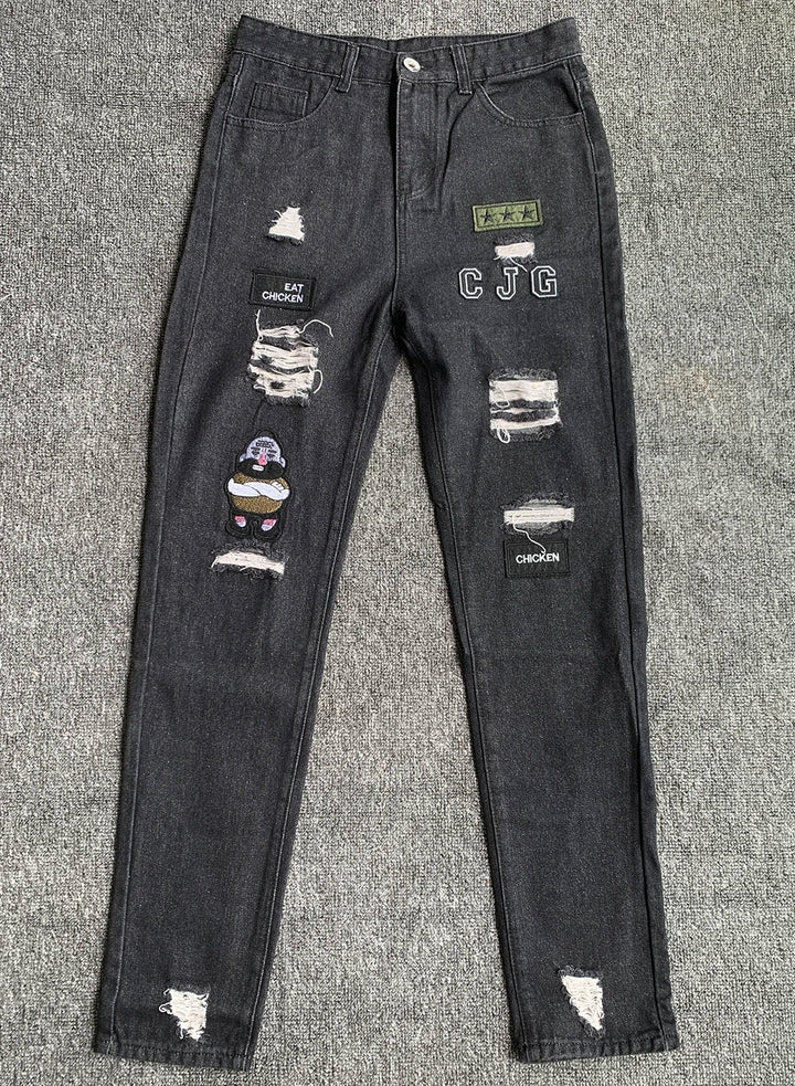 White Embroidery Skinny Ripped Jeans Men Cotton Stretchy Hole Slim Fit Hip Hop Denim Pants Casual Jeans for Men Jogging Trousers