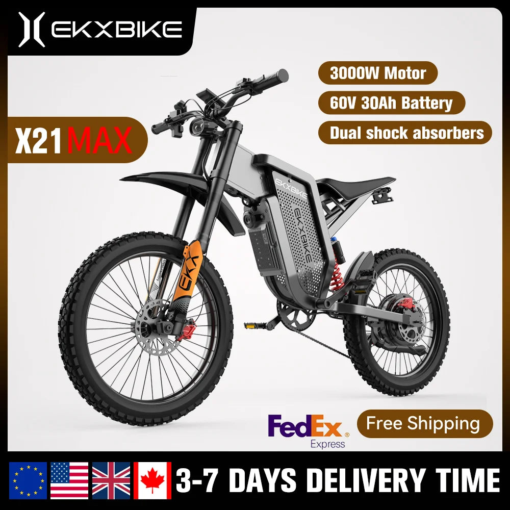EKX X21 Max Electric Bike – 6000W Brushless Gearless Motor • 60V 30Ah Lithium Battery • 85 km/h Top Speed • Off-Road Adult E-MTB • Hydraulic Brakes • Long-Range High-Performance E-Bike