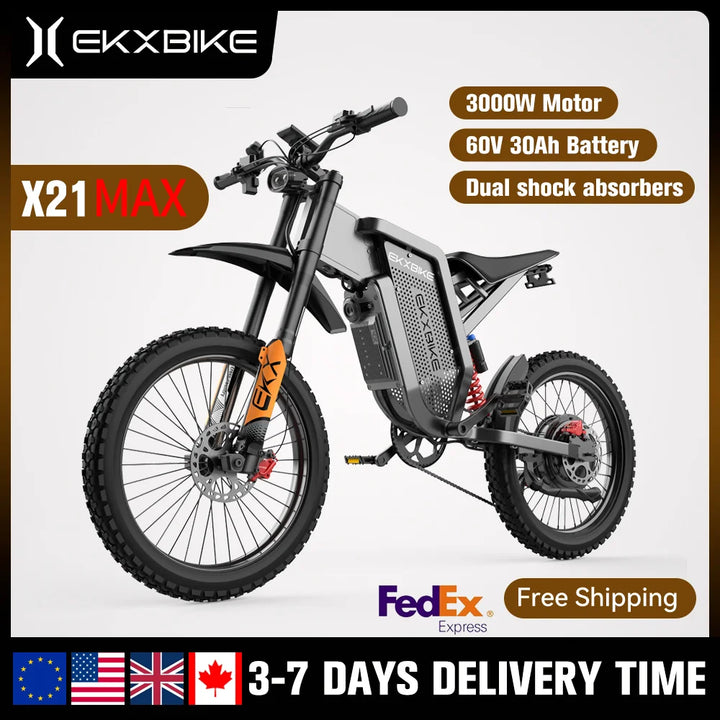 EKX X21 Max Electric Bike – 6000W Brushless Gearless Motor • 60V 30Ah Lithium Battery • 85 km/h Top Speed • Off-Road Adult E-MTB • Hydraulic Brakes • Long-Range High-Performance E-Bike