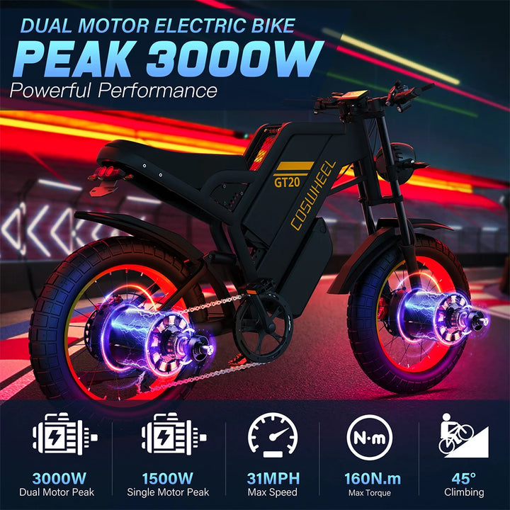 COSWHEEL GT20 PRO Electric Bike – 3000W Dual Motor, 48V 40Ah Ultra-Long Range Battery, 20" Fat Tire Off-Road Mountain E-Bike | 65km/h High-Speed All-Terrain Electric Bicycle