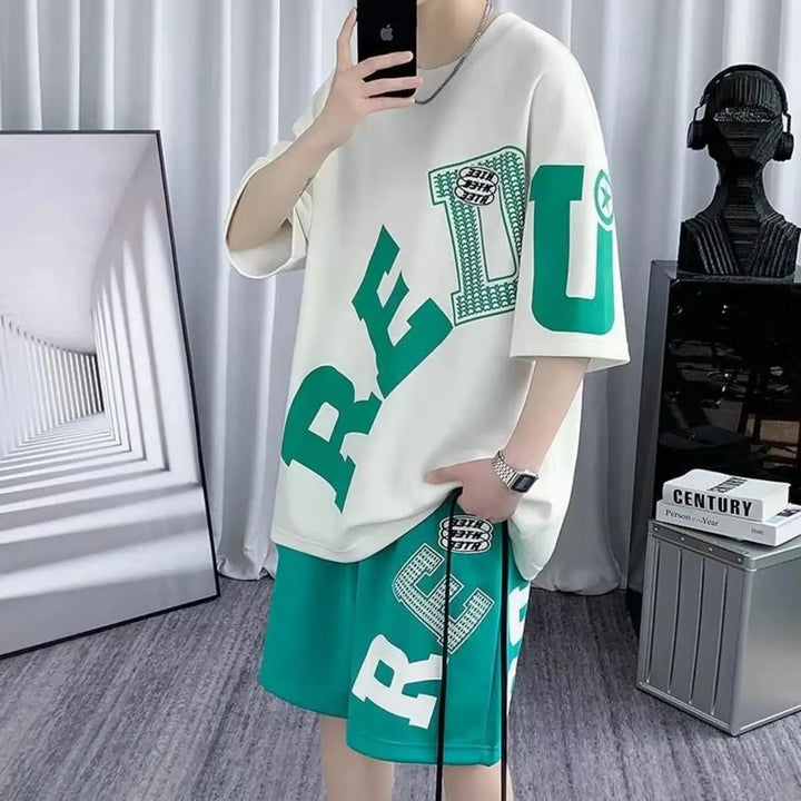 Summer fashion men's personalized letter print comfortable breathable round neck T-shirt shorts set outdoor street style outfit