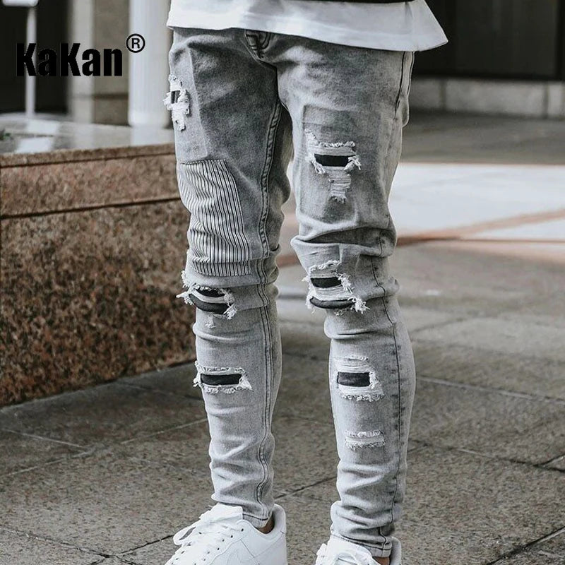 Kakan-y2k New Men's Wear Worn Out Small Leg Elastic Jeans, Slim and Handsome Motoryclist Boots Long Jeans Jeans, Jeans Man Brand