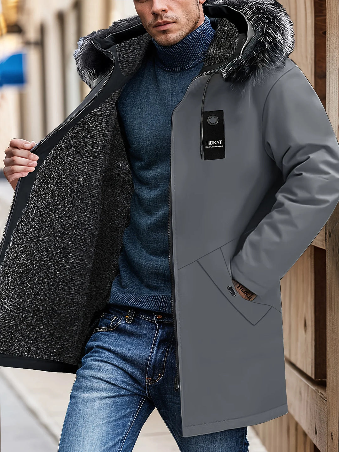 Winter Windproof Men's Faux Jacket Casual Polyester Coat Hood Zip-Up Front Long Sleeves & Pockets Winter Clothes