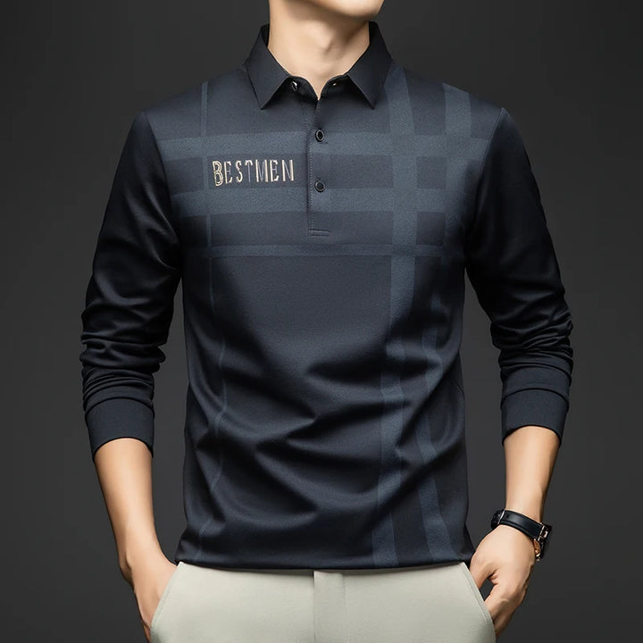 BROWON 2025 Spring Autumn Casual Golf Shirt Polo Man Plaid Pattern Soft Comfortable Long Sleeve Business Office Polo Shirt Men