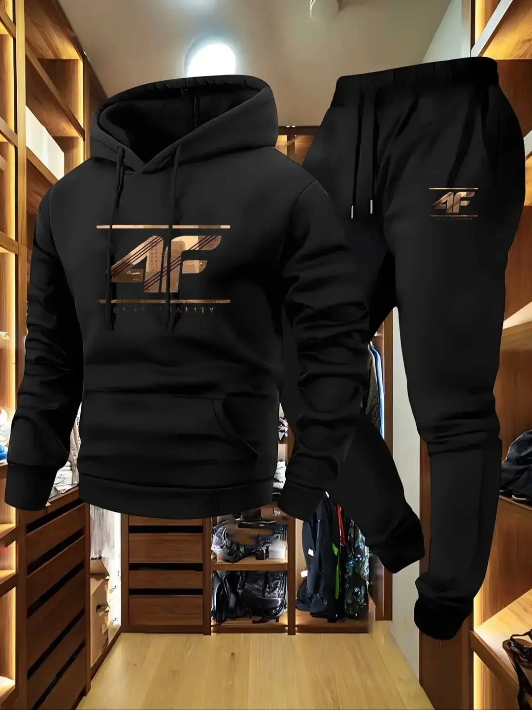 Men's Hoodie & Jogger Set with '4F' Print - Casual Sportswear, Beige & Black Matching Tracksuit for Gym, Lounge, Outdoor