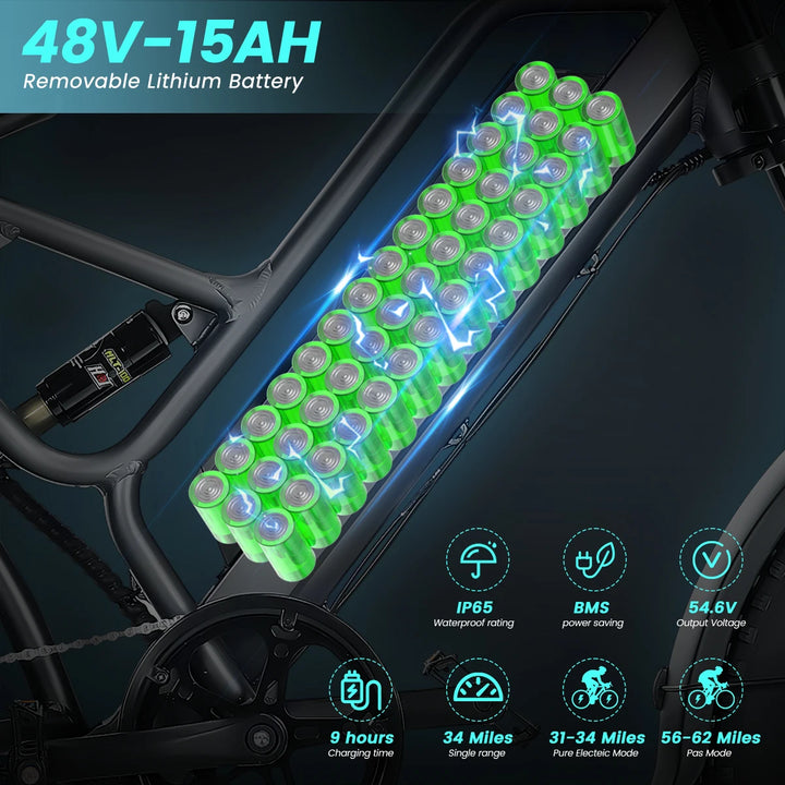 1000W Electric Mountain Bike for Adults – 49km/h High-Speed Brushless Motor, 48V 15.6Ah Removable Battery, Off-Road 20" Fat Tire E-Bike | Long Range All-Terrain Bicycle