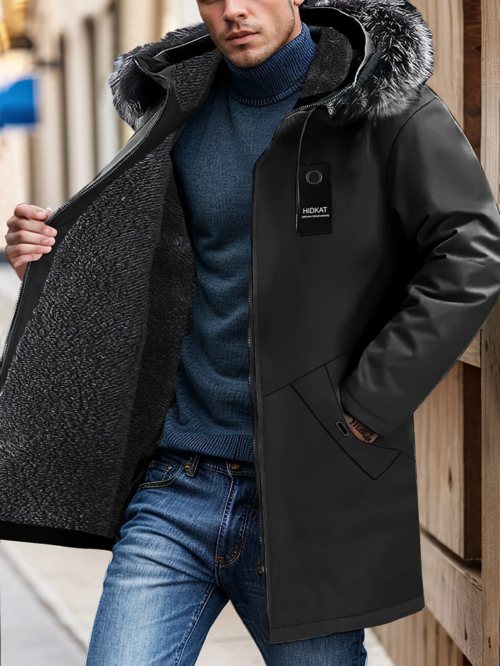 Winter Windproof Men's Faux Jacket Casual Polyester Coat Hood Zip-Up Front Long Sleeves & Pockets Winter Clothes