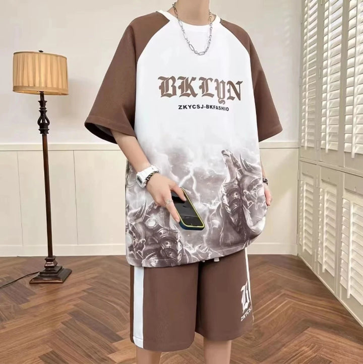 Summer fashion men's personalized letter print comfortable breathable round neck T-shirt shorts set outdoor street style outfit