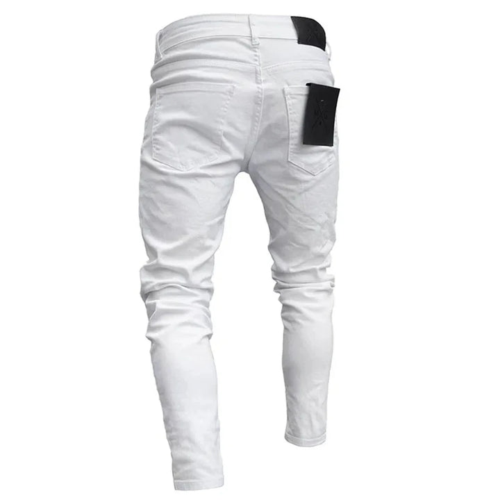 White Embroidery Skinny Ripped Jeans Men Cotton Stretchy Hole Slim Fit Hip Hop Denim Pants Casual Jeans for Men Jogging Trousers