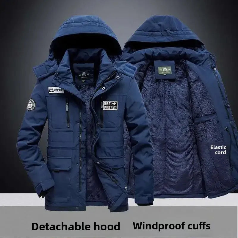 Winter Military Workwear Cotton Jacket Men Loose Large Size Fleece Lined Casual Thick Outdoor Mid-Length Cotton Coat