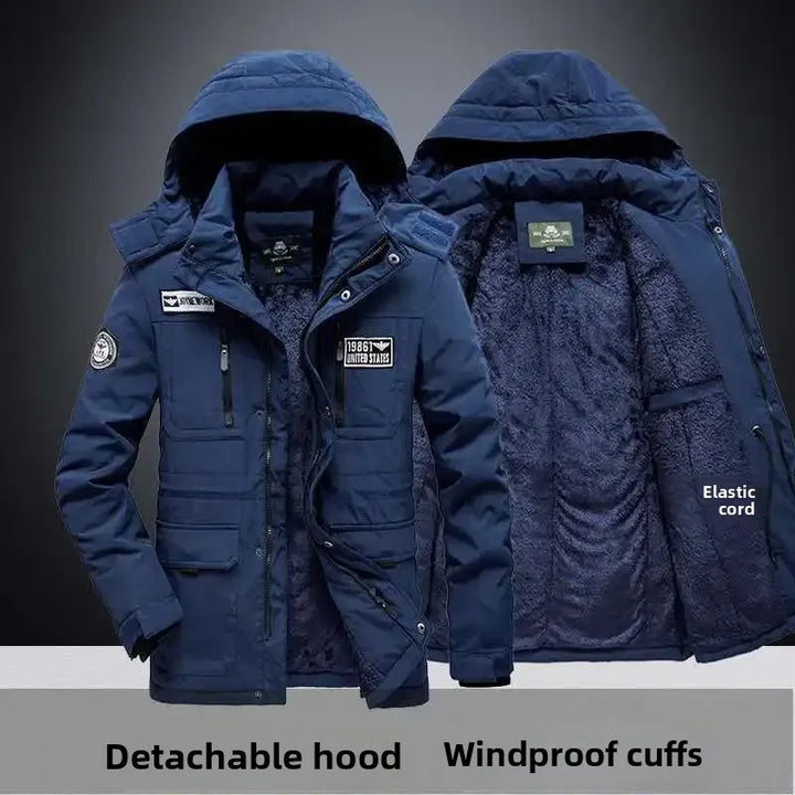 Winter Military Workwear Cotton Jacket Men Loose Large Size Fleece Lined Casual Thick Outdoor Mid-Length Cotton Coat