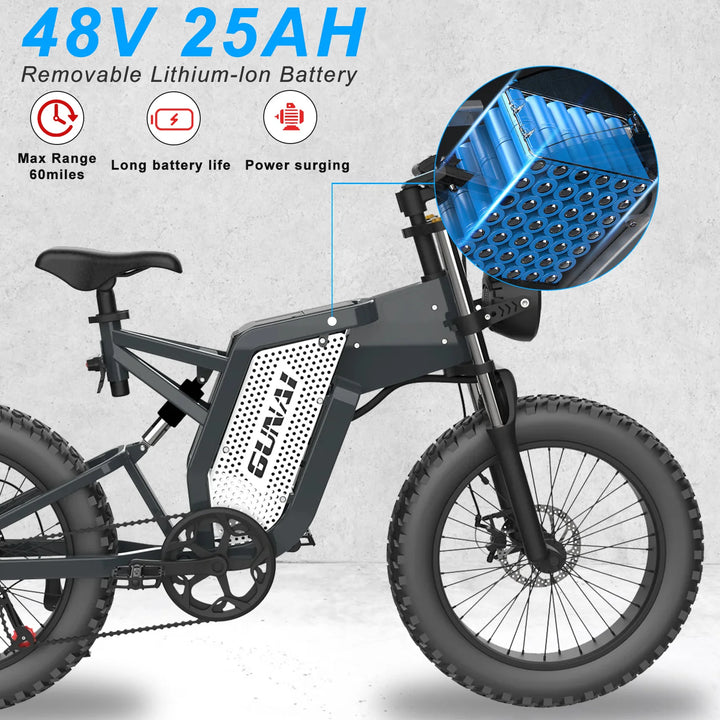 GUNAI MX25 Fat Tire Electric Bike – 1000W Brushless Motor • 48V 25Ah Lithium Battery • 20×4” Off-Road Mountain E-Bike for Adults • Long-Range MTB E-Bicycle