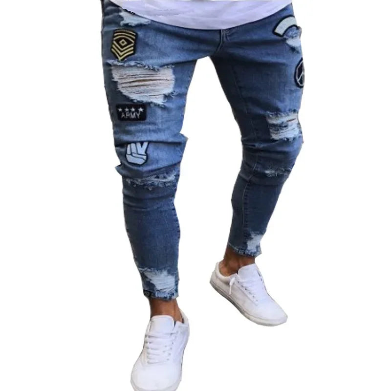 New Style Men's Hip Hop Slim Fit Jeans You And Smooths Your Silhouette Ripped Small Footwear Amazon WISH Badge Plus Size Jeans N