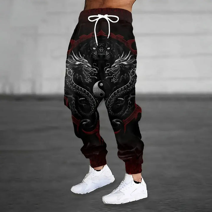 Men Loose Casual Pocket Draw Rope Sports Sweatpants Fashion Dragon And Hand Printed Sweatpants Winter New Thick Warm Sweatpants