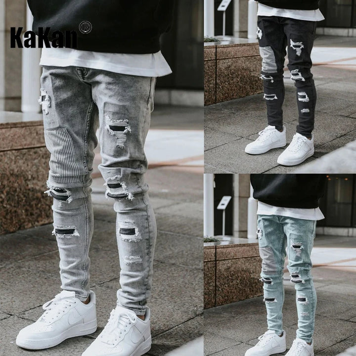 Kakan-y2k New Men's Wear Worn Out Small Leg Elastic Jeans, Slim and Handsome Motoryclist Boots Long Jeans Jeans, Jeans Man Brand