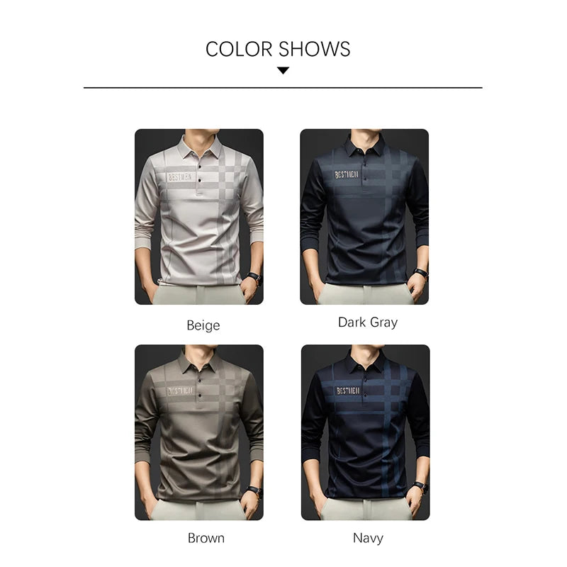 BROWON 2025 Spring Autumn Casual Golf Shirt Polo Man Plaid Pattern Soft Comfortable Long Sleeve Business Office Polo Shirt Men