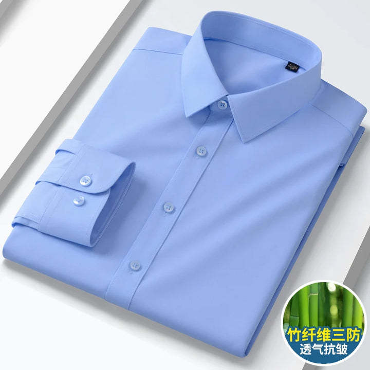 Summer men's long-sleeved non-ironing elastic business casual waterproof, anti-fouling, oil-proof, three-proof white shirt S~8XL