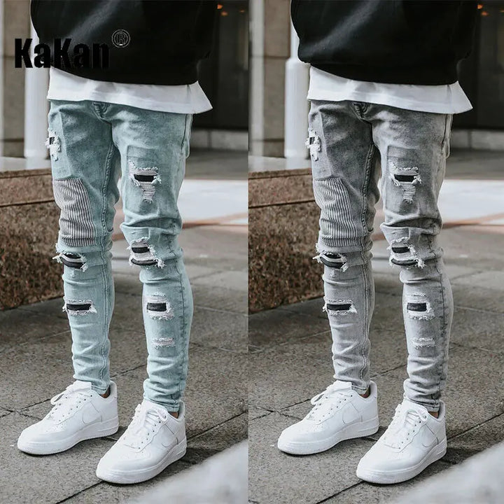 Kakan-y2k New Men's Wear Worn Out Small Leg Elastic Jeans, Slim and Handsome Motoryclist Boots Long Jeans Jeans, Jeans Man Brand