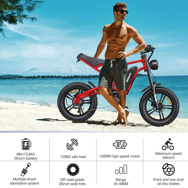 Hidoes B6 Electric Bike – 1200W Brushless Motor • 48V 15.6Ah Lithium Battery • 20×4” Fat Tire Snow & Off-Road E-Bike • Powerful Adult Electric Motorcycle Bicycle