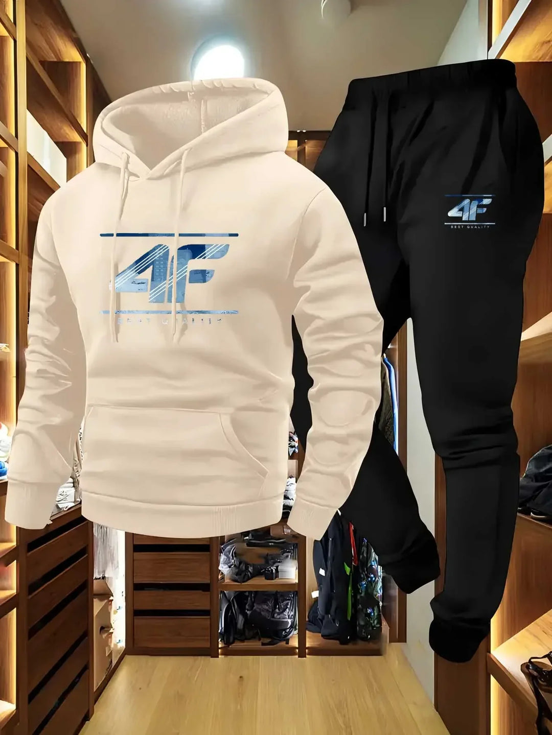 Men's Hoodie & Jogger Set with '4F' Print - Casual Sportswear, Beige & Black Matching Tracksuit for Gym, Lounge, Outdoor