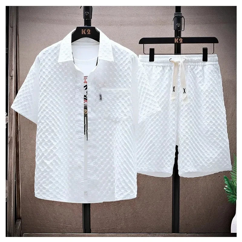 Casual Thin Sports Two-piece Set 2024 Summer Ice Silk Suit Men's Trendy Short Sleeve T-shirt Shorts One Set