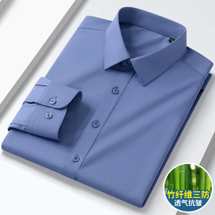 Summer men's long-sleeved non-ironing elastic business casual waterproof, anti-fouling, oil-proof, three-proof white shirt S~8XL