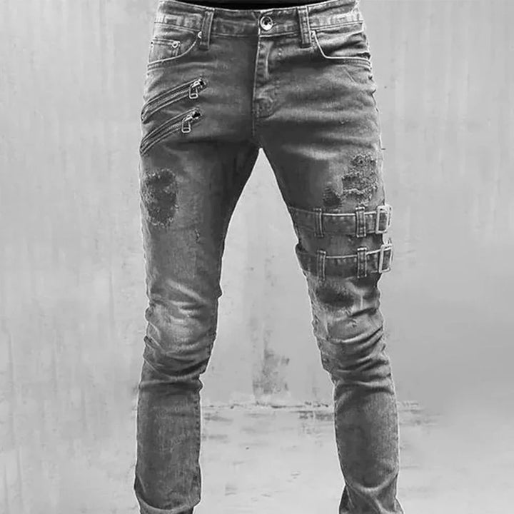 Retro Moto Biker Straight Elastic Jeans Men Zipper Hole Streetwear Punk Skinny Denim Cargo Pants Pantalones Hombre Y2K Clothing