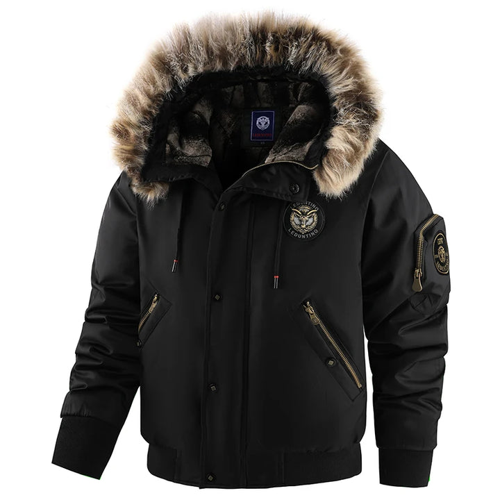 Winter Men's Black Padded Jacket Removable Hood Durable Windproof Fabric Embroidery Decorative Side Pockets Sleeve Zipper